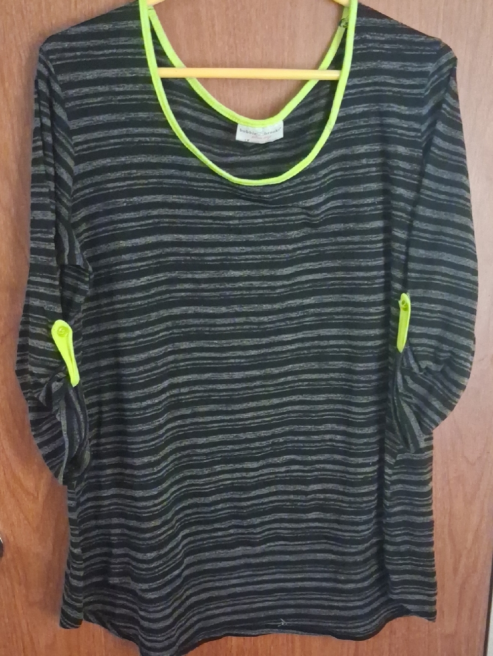 Bobbie Brooks Black & Gray Striped Top with Neon Lime Trim